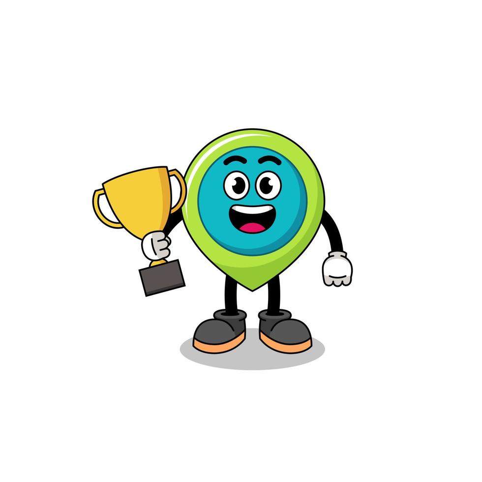 Cartoon mascot of location symbol holding a trophy vector