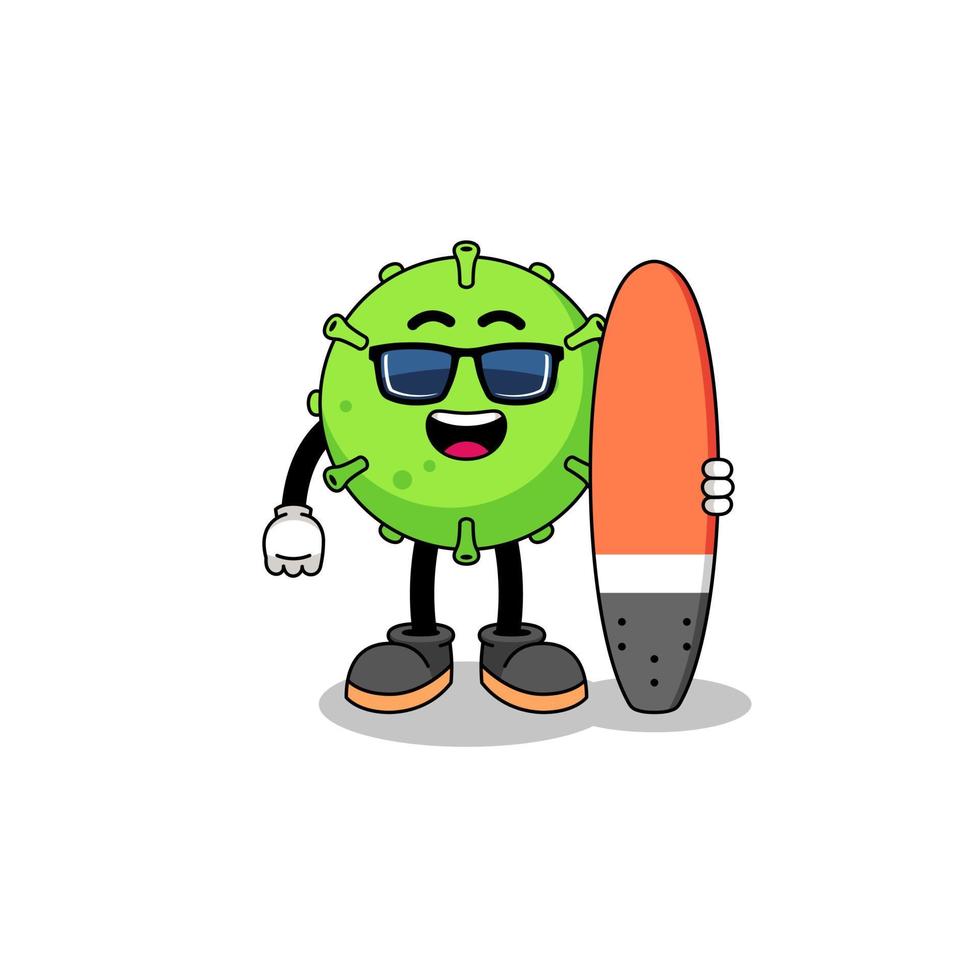 caricatura de mascota de virus como surfista vector