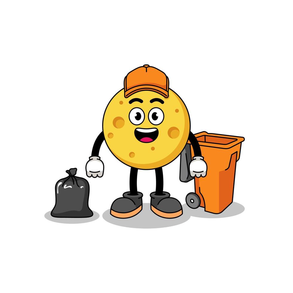 Illustration of round cheese cartoon as a garbage collector vector