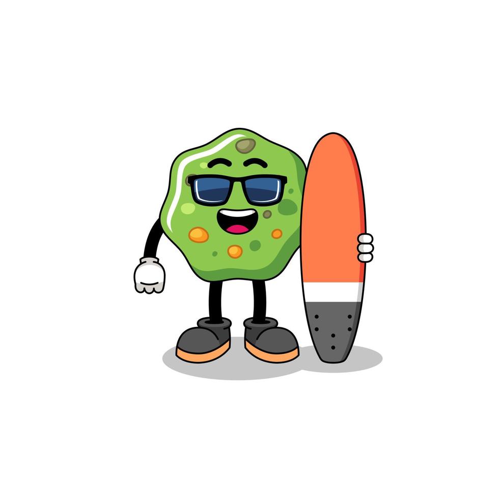 caricatura de mascota de vómito como surfista vector