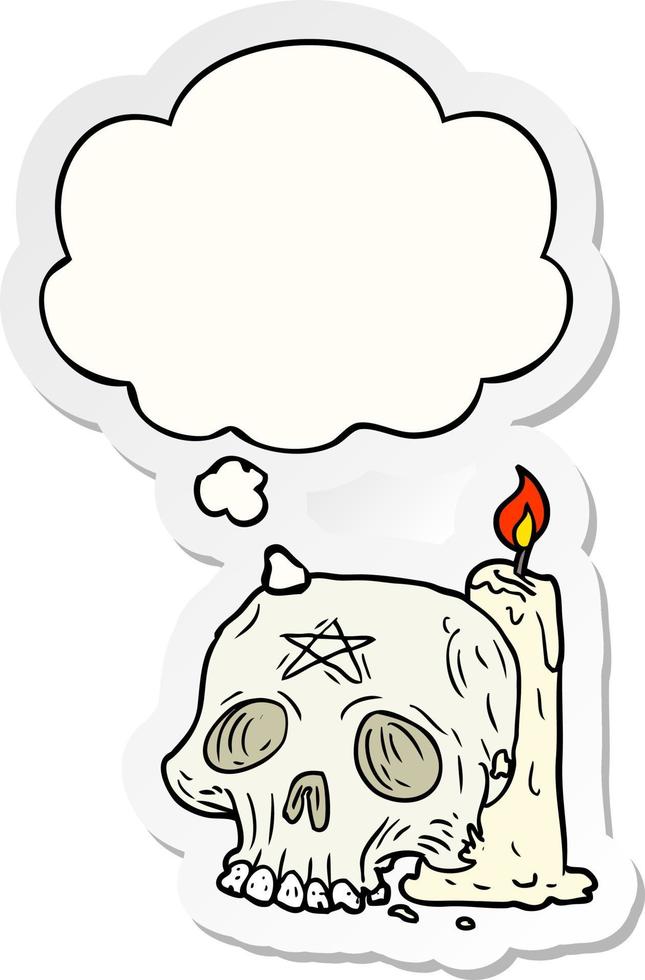 cartoon spooky skull and candle and thought bubble as a printed sticker vector