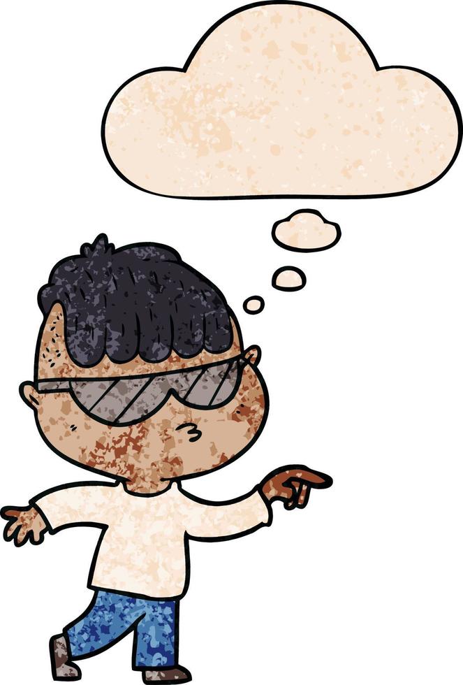 cartoon boy wearing sunglasses pointing and thought bubble in grunge texture pattern style vector