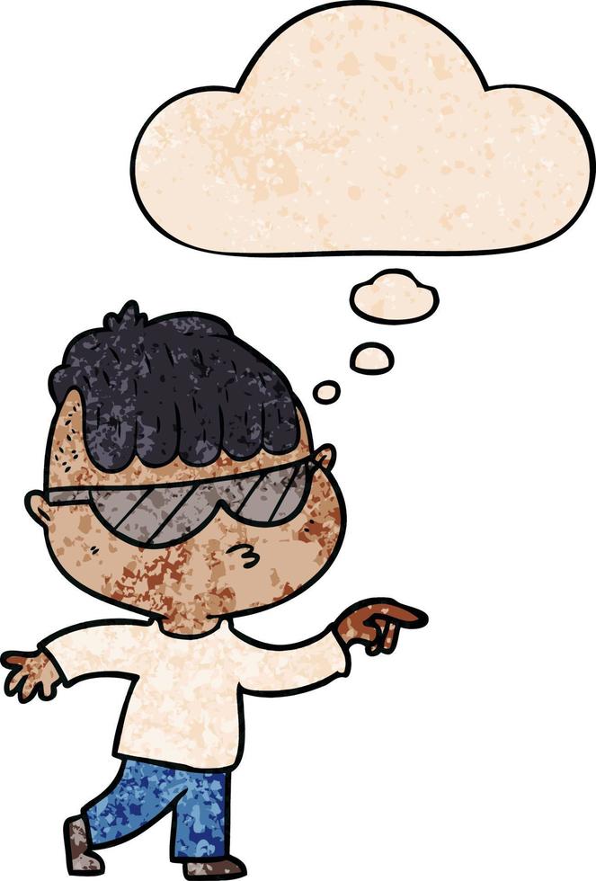 niño de dibujos animados con gafas de sol apuntando y burbuja de pensamiento en estilo de patrón de textura grunge vector