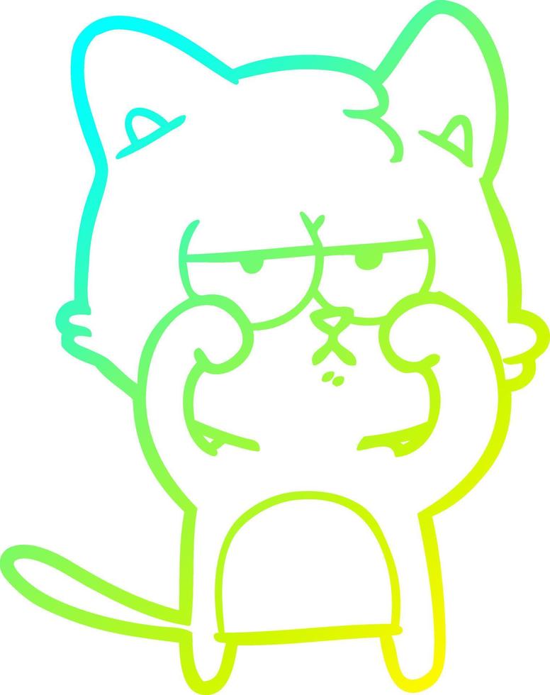 cold gradient line drawing tired cartoon cat rubbing eyes vector