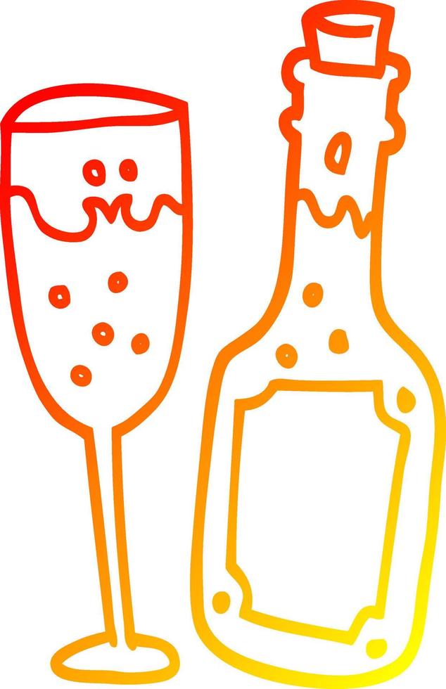 warm gradient line drawing cartoon champagne bottle and glass vector