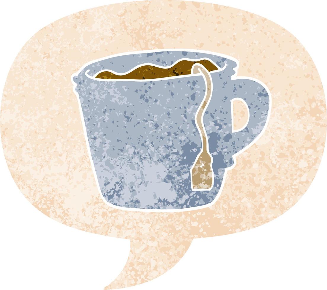 caricatura, taza caliente, de, té, y, discurso, burbuja, en, retro, textura, estilo vector