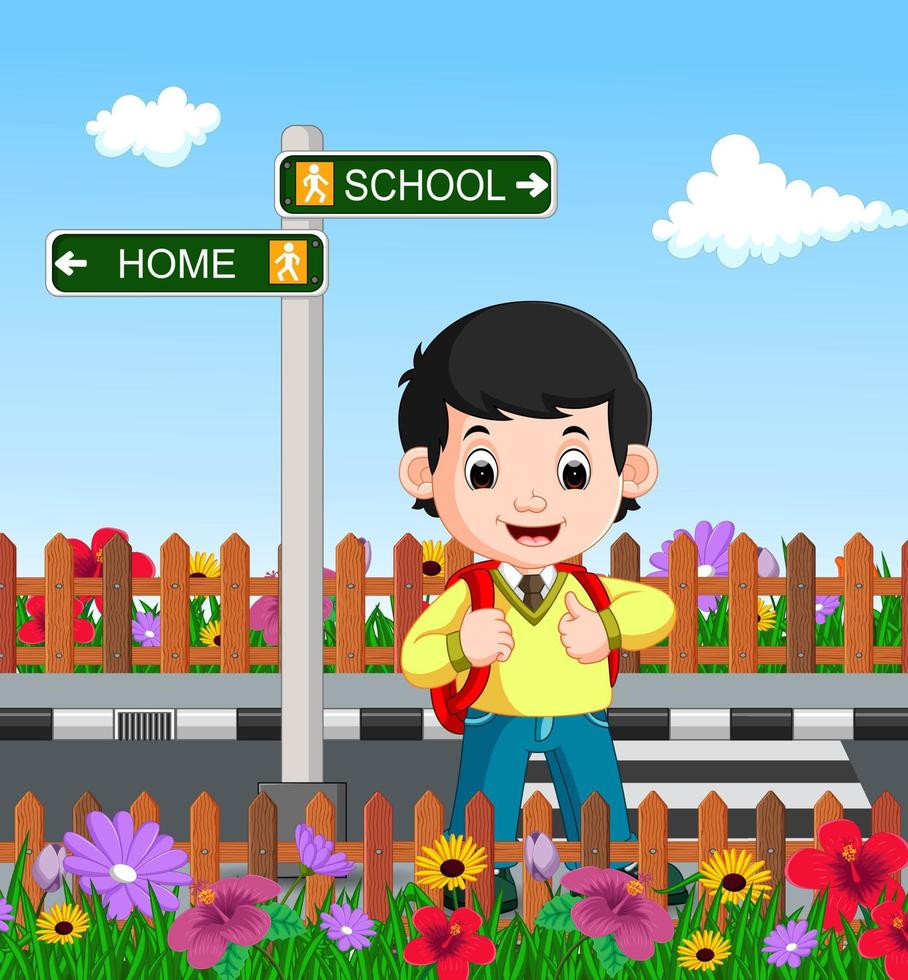 cute boy on his way to school vector