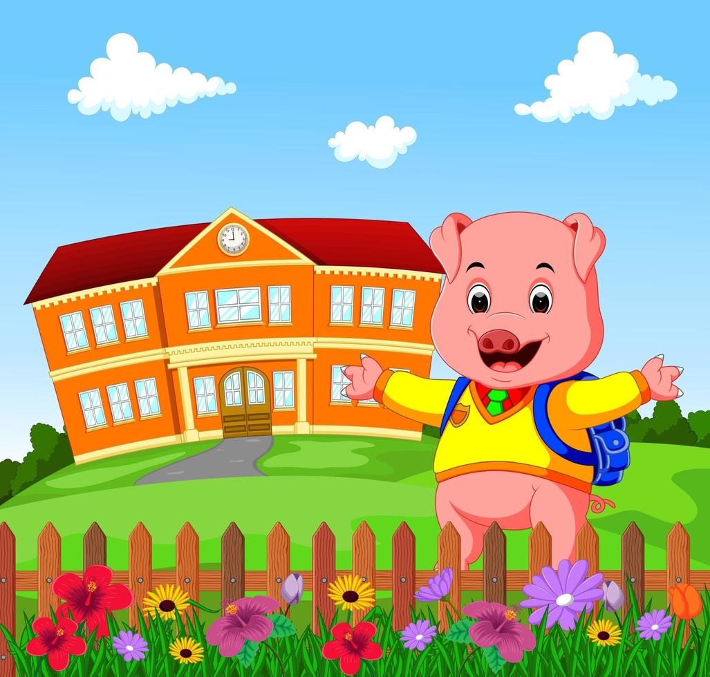 happy pig cartoon standing in front of school building vector