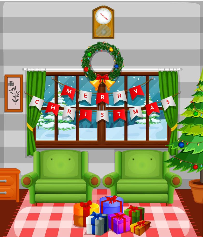 Christmas living room with a tree and fireplace vector