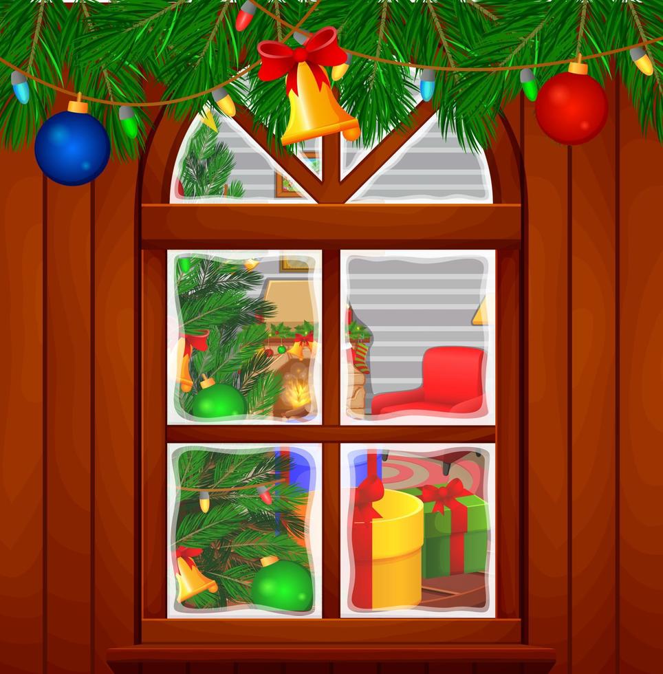 Christmas living room with a tree and fireplace vector