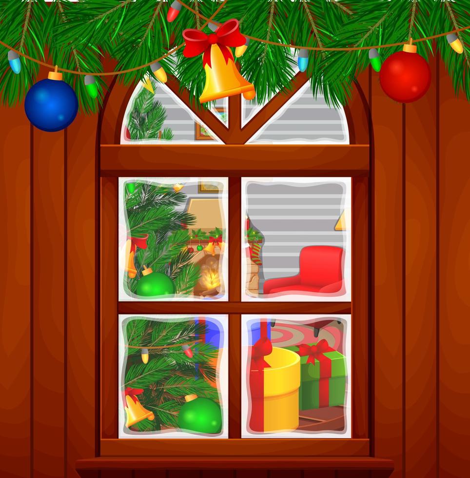 salón navideño con árbol y chimenea vector