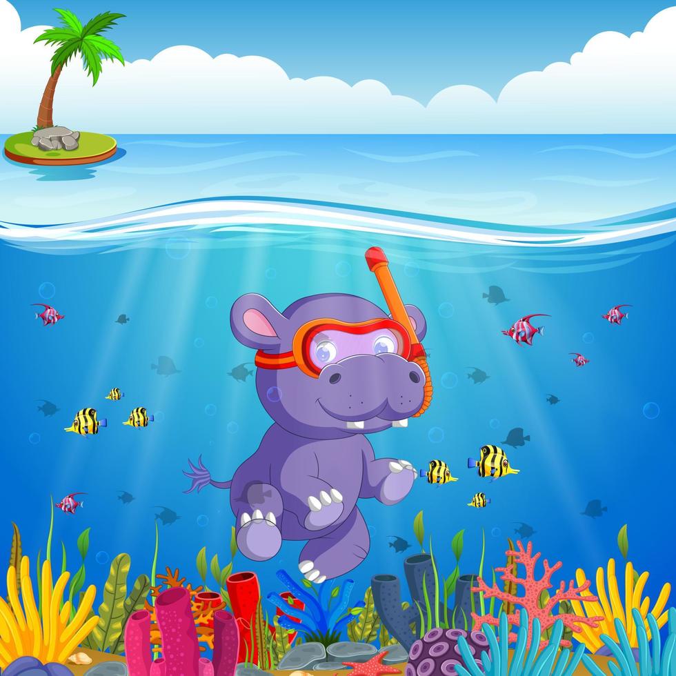 hipopótamo buceando en el mar submarino vector