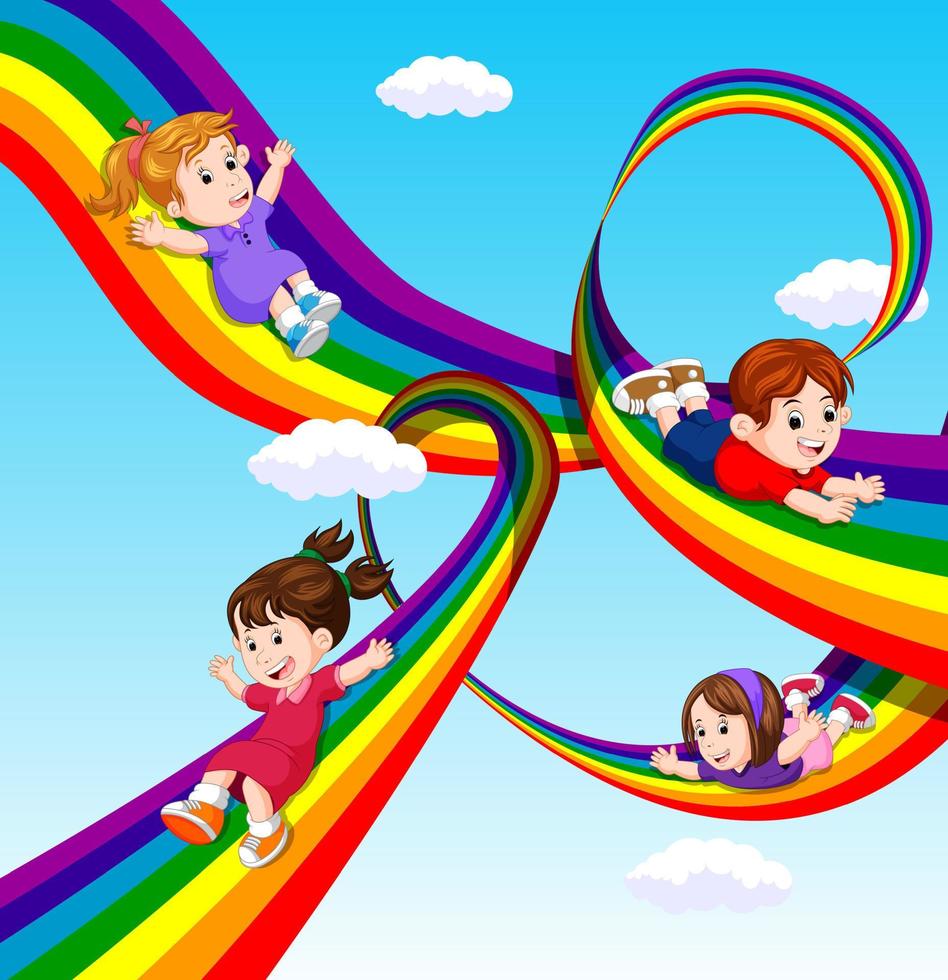 kids sliding on rainbow in sky vector