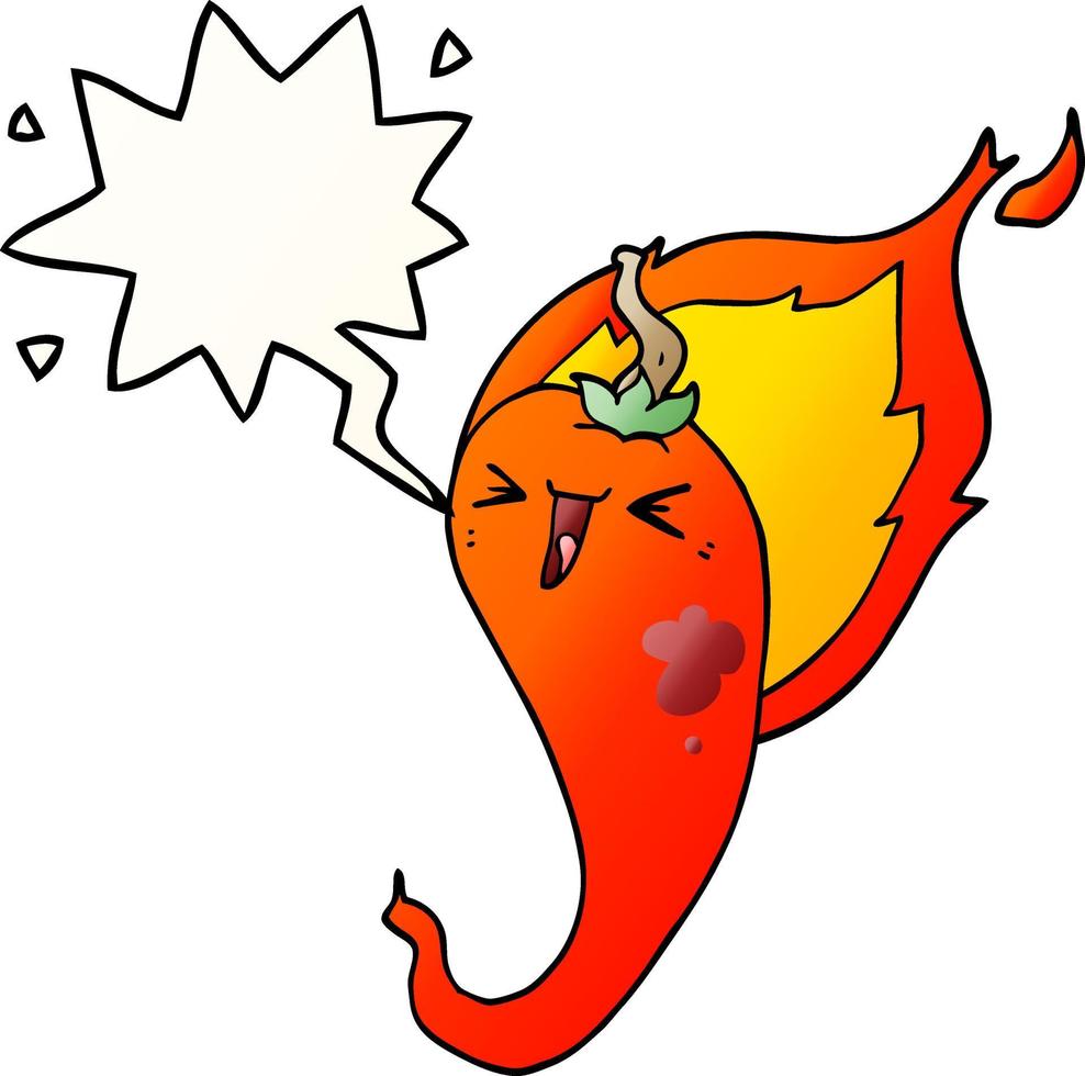 cartoon flaming hot chili pepper and speech bubble in smooth gradient style vector
