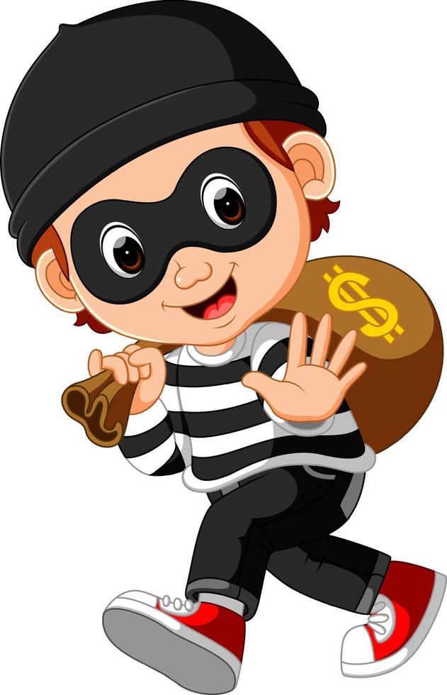 Thief cartoon carrying bag of money with a dollar sign vector