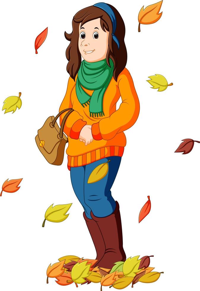 chica con hojas de otoño vector