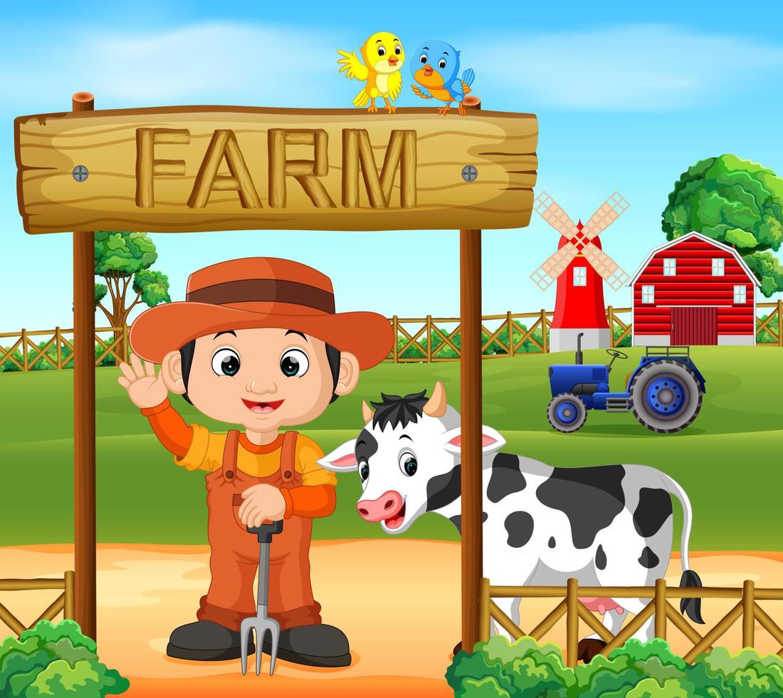 escenas de granja con muchos animales y granjeros. vector