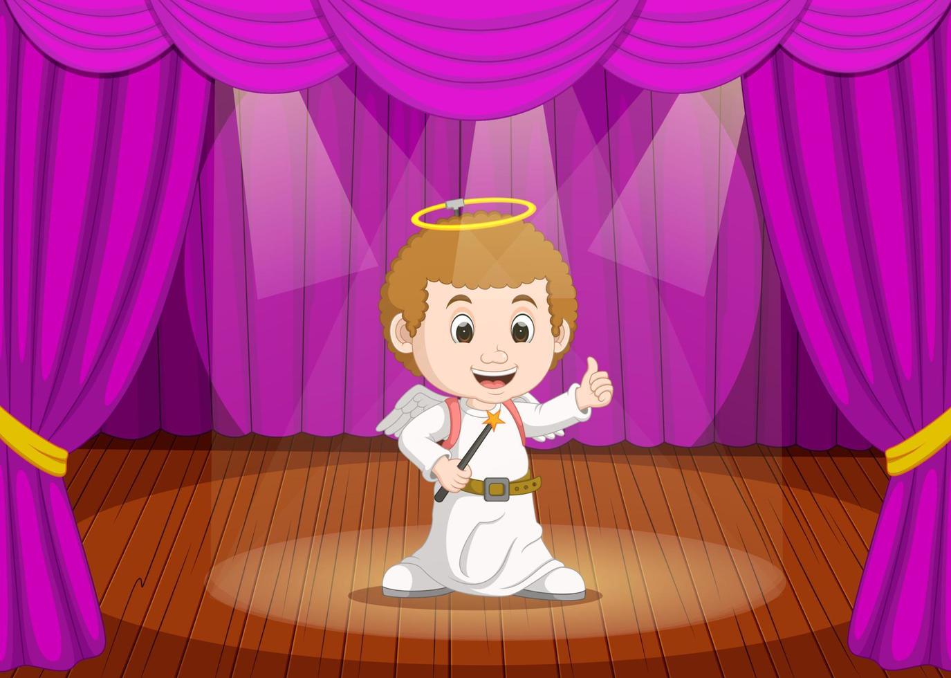 cute little boy wearing angel costume on stage vector