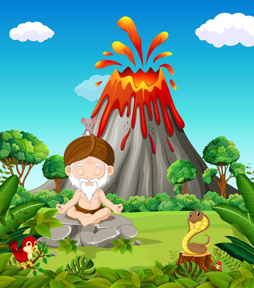 Old man doing meditation in the  mountain vector