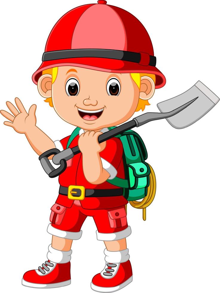 cute hiker boy holding shovel vector
