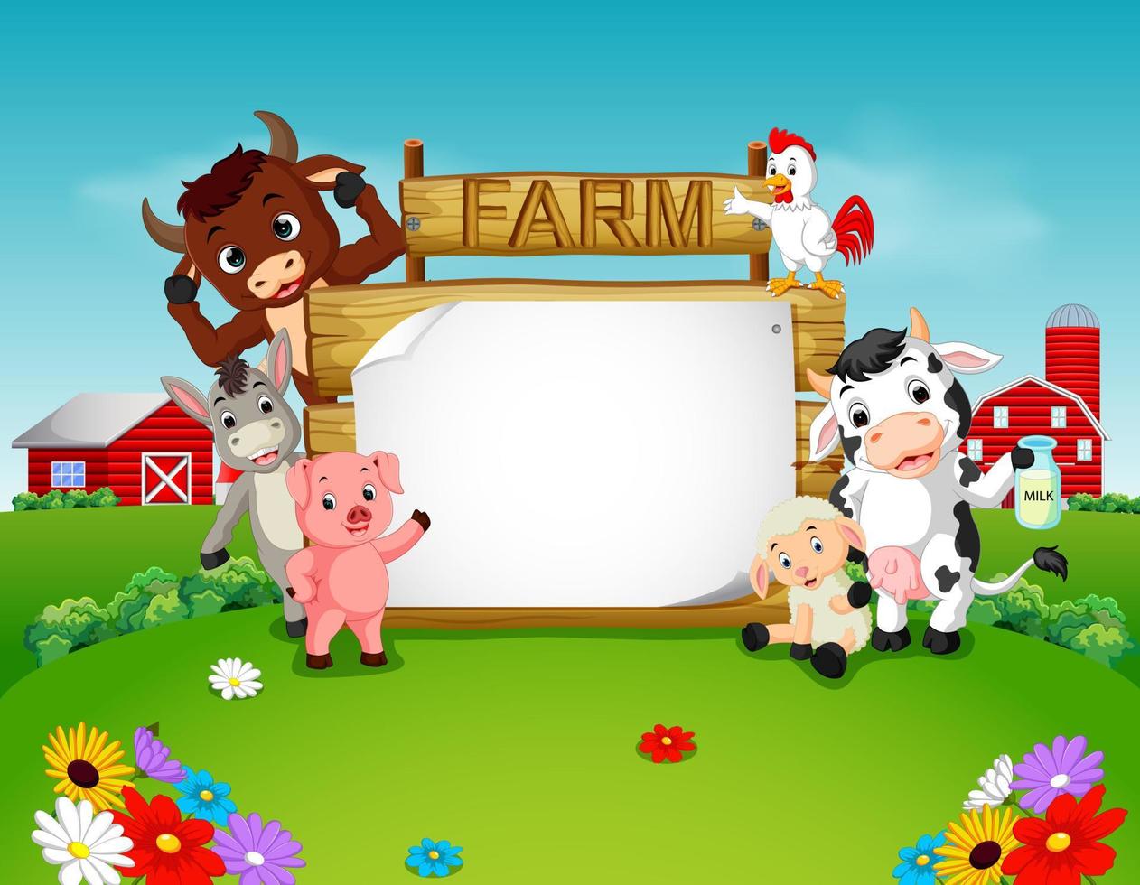 colección de animales de granja con cartel de madera vector
