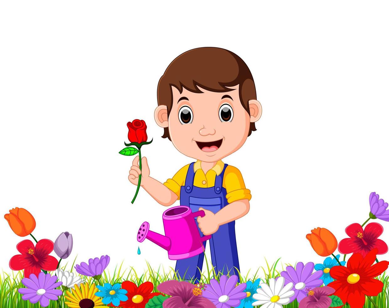 gardener holding flower and watering can in a flower garden vector