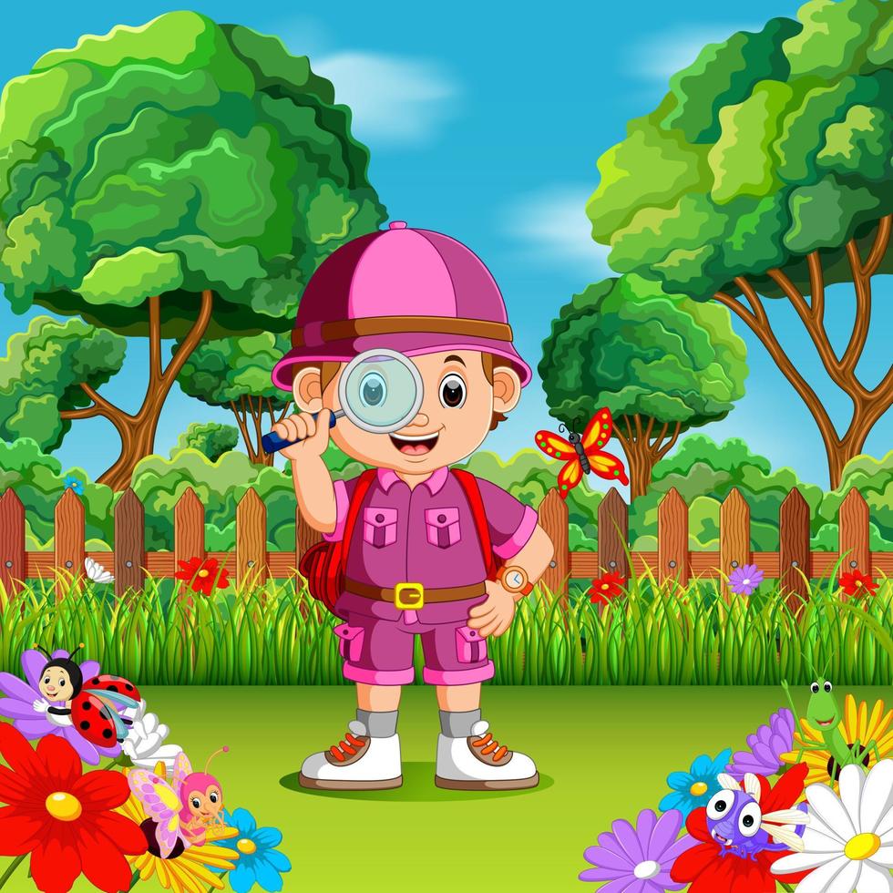 chico lindo de aventura sosteniendo una lupa en un jardín de flores vector