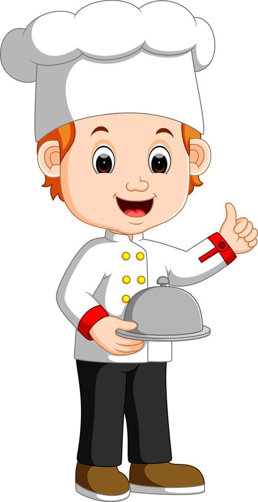 chef boy holding plate dish vector