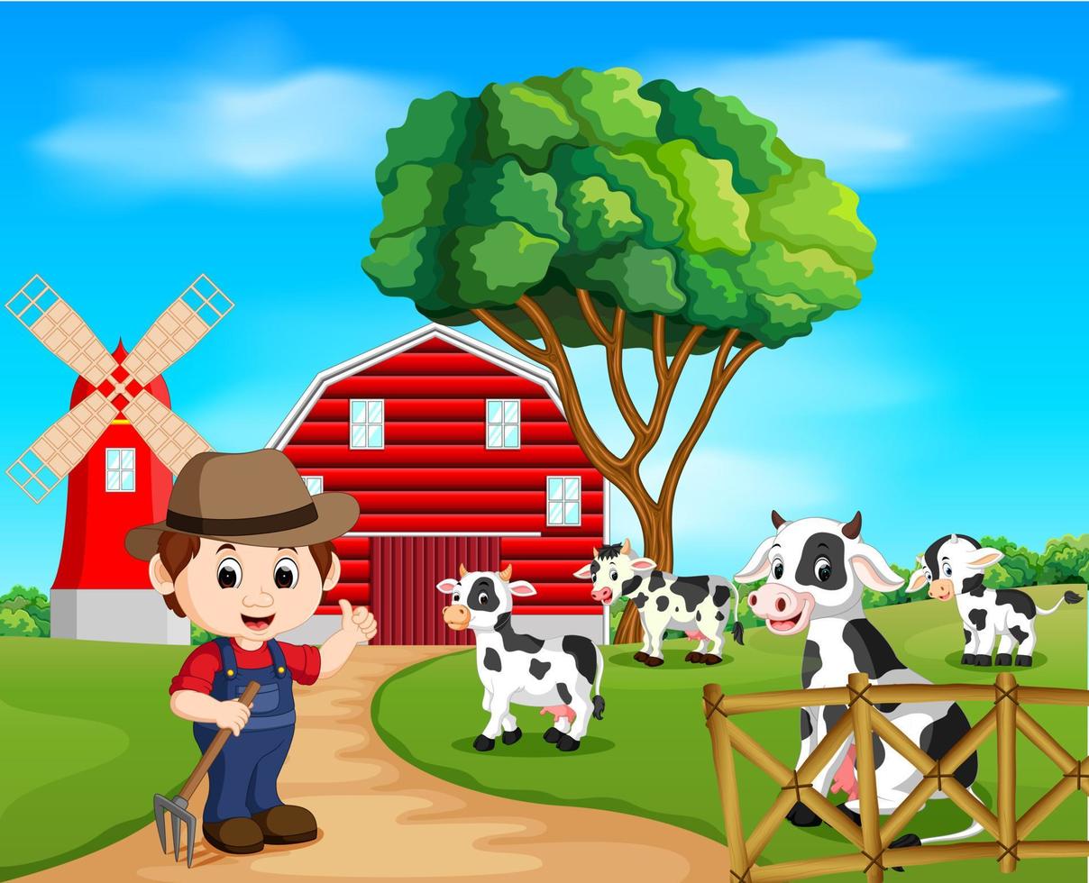 Farm scenes with many animals and farmers vector