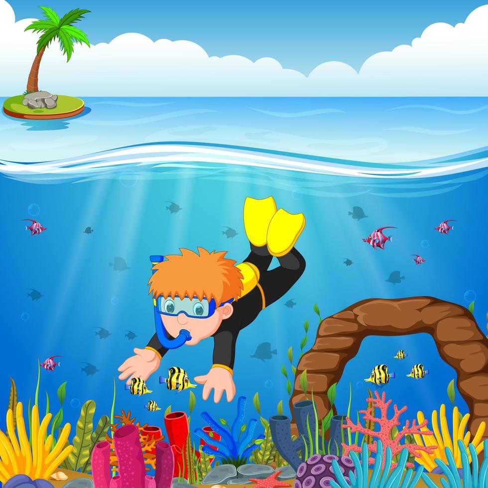 Cartoon boy diving in the sea vector