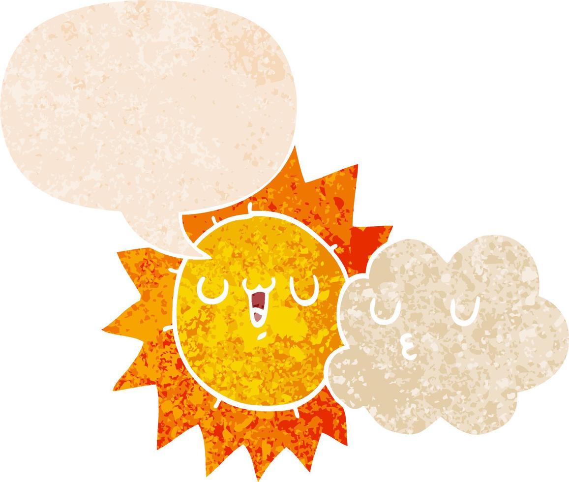 cartoon sun and cloud and speech bubble in retro textured style vector