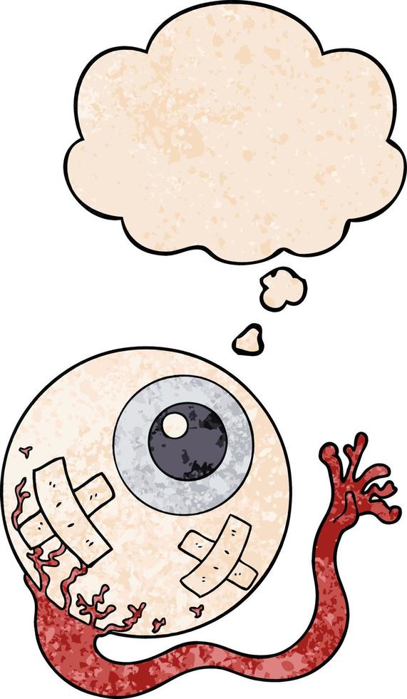 globo ocular lesionado de dibujos animados y burbuja de pensamiento en estilo de patrón de textura grunge vector