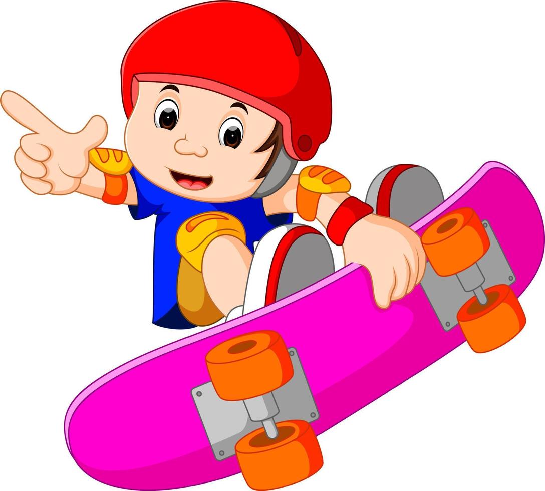 genial pequeño chico de patineta haciendo un truco extremo vector