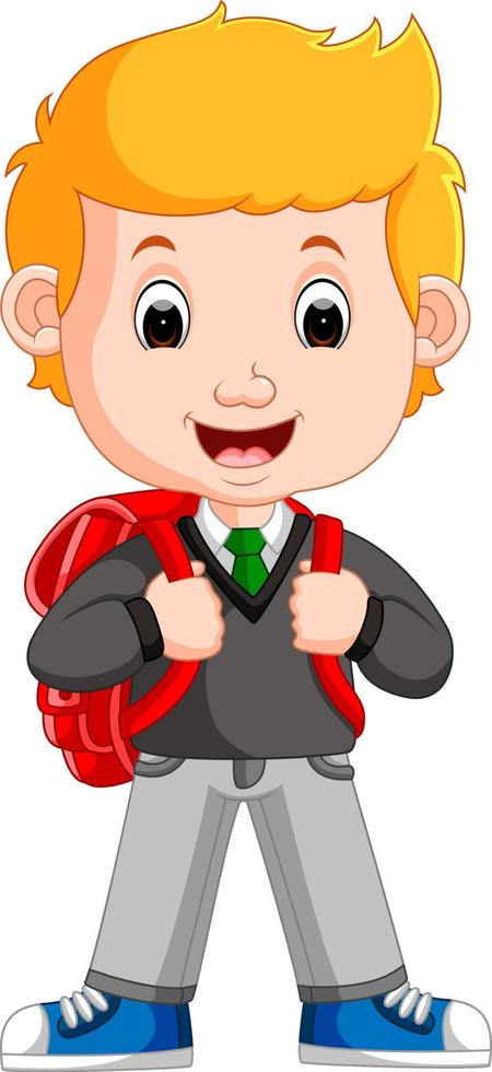 lindo, niño, con, mochila, caricatura vector