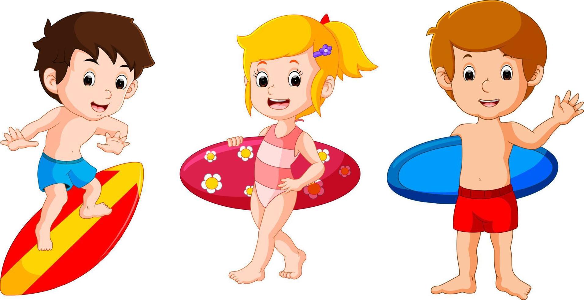 Cute collection of surfing kids vector