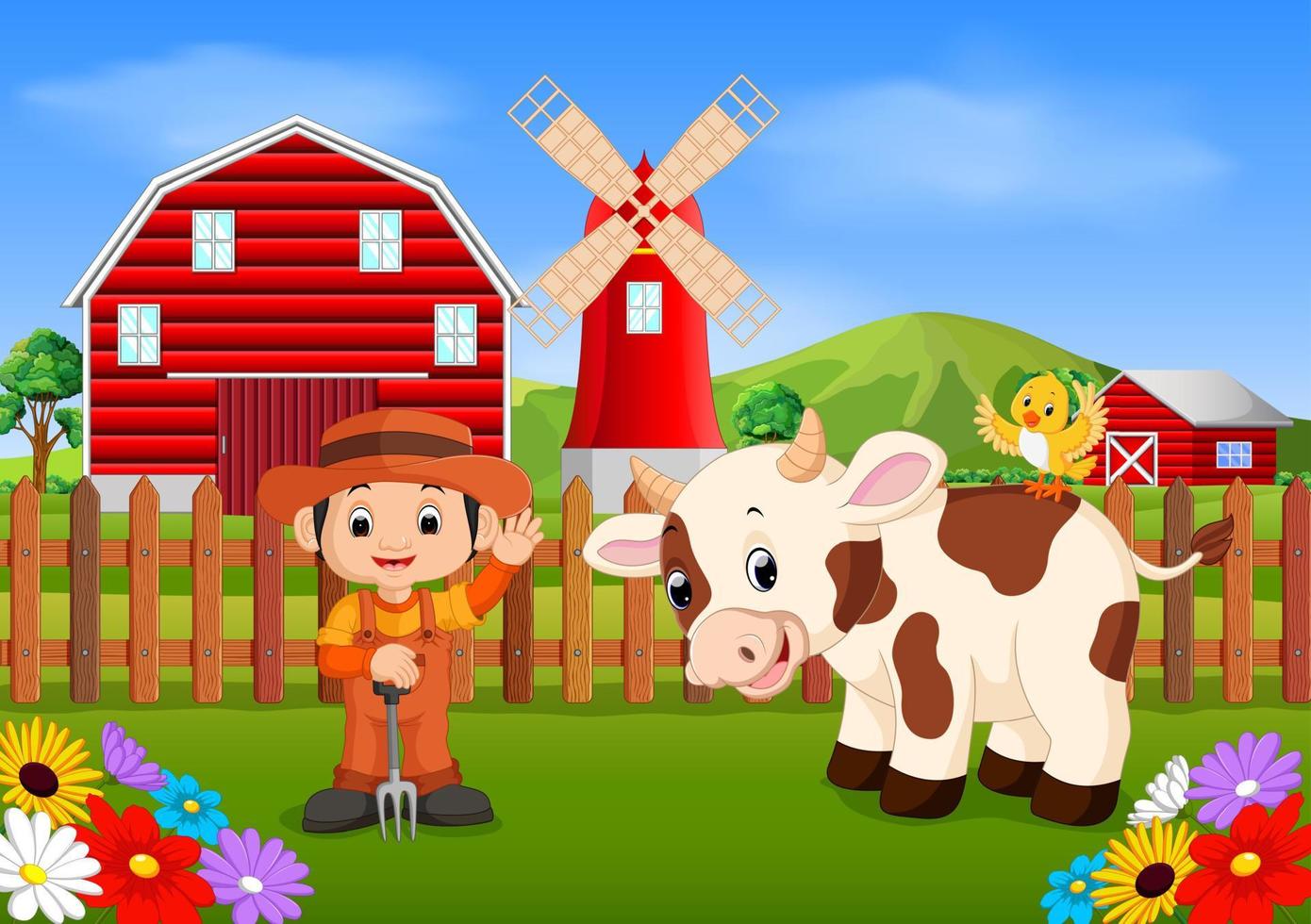 Farmer with cow vector