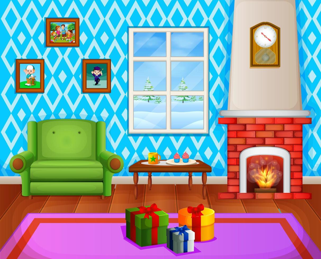 Christmas living room with a tree and fireplace vector