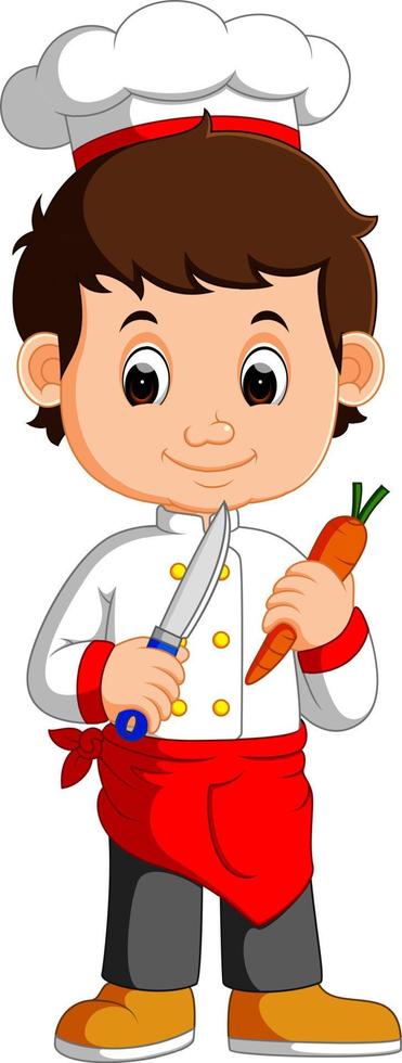 chef cocinero con cuchillo de cuchilla y dibujos animados de zanahoria vector