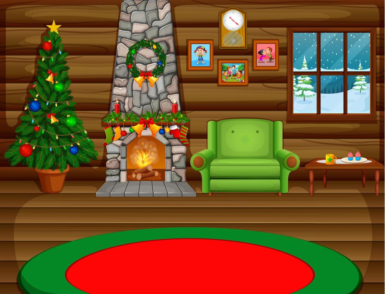 Christmas living room with a tree and fireplace vector