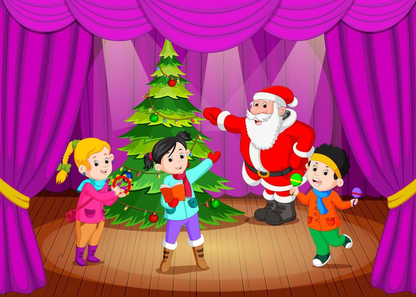 santa claus en el escenario con niños cantando vector