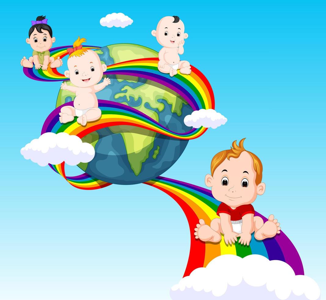 cute baby sliding on rainbow in sky vector