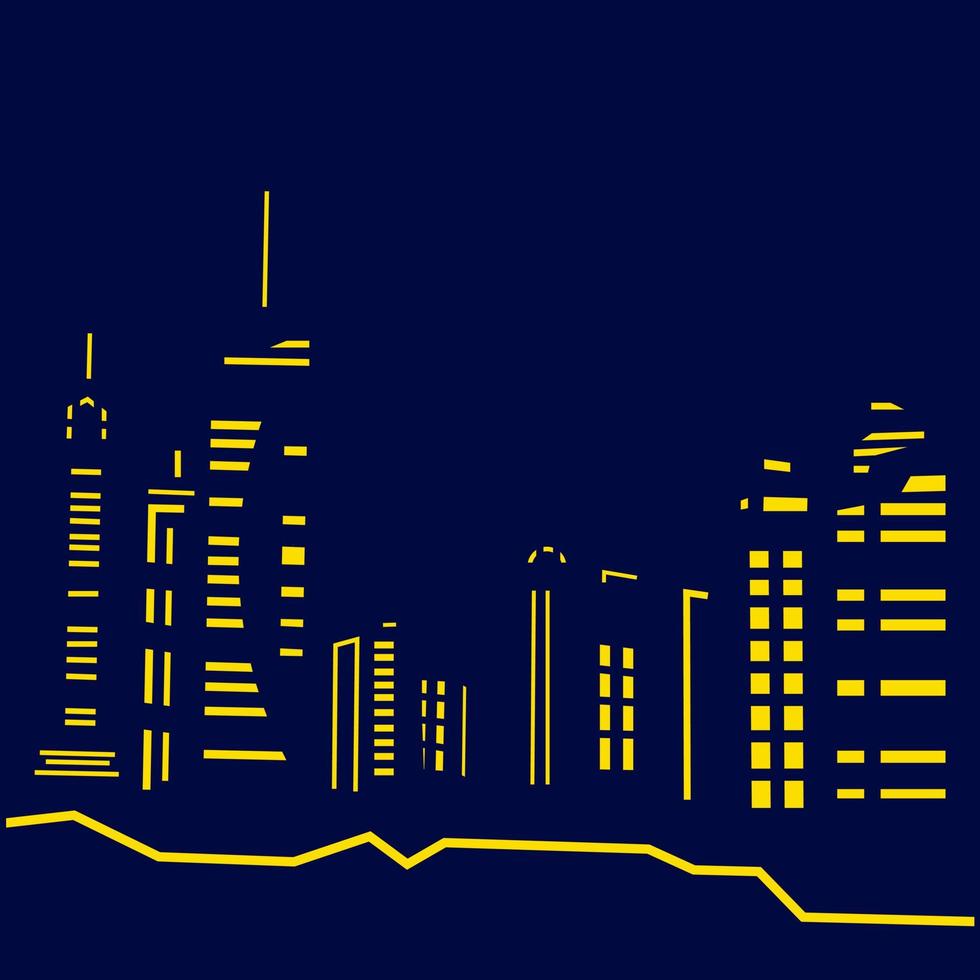City town night lights line art design skyline with buildings, towers. Cityscape glowing neon, architecture vector illustration.