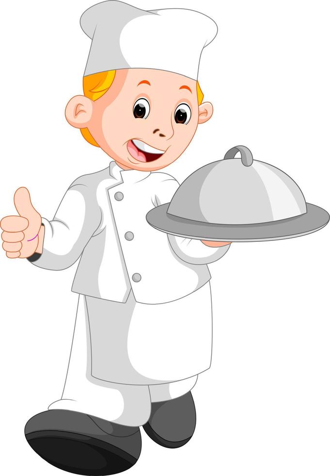 happy restaurant chef holding a metal food platter vector