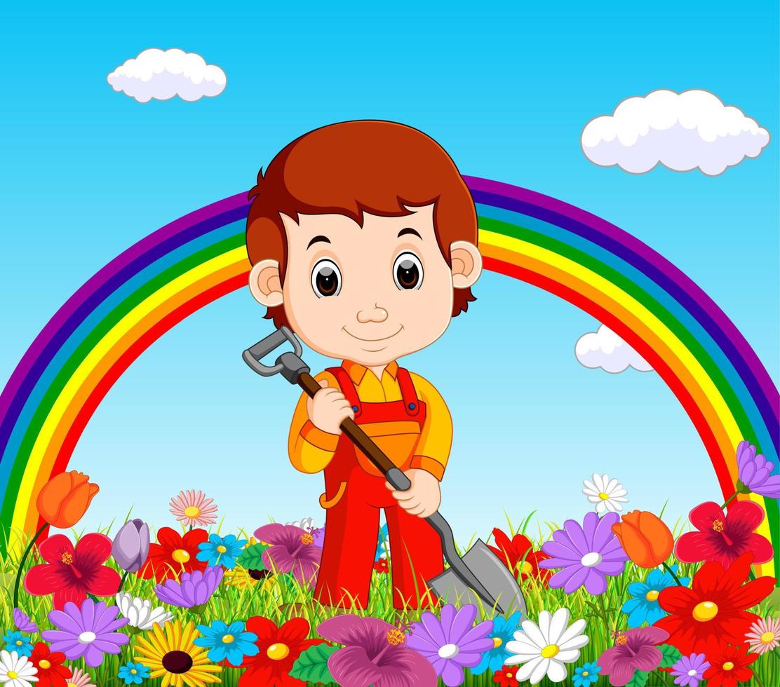 gardener holding shovel in a flower garden with rainbow vector