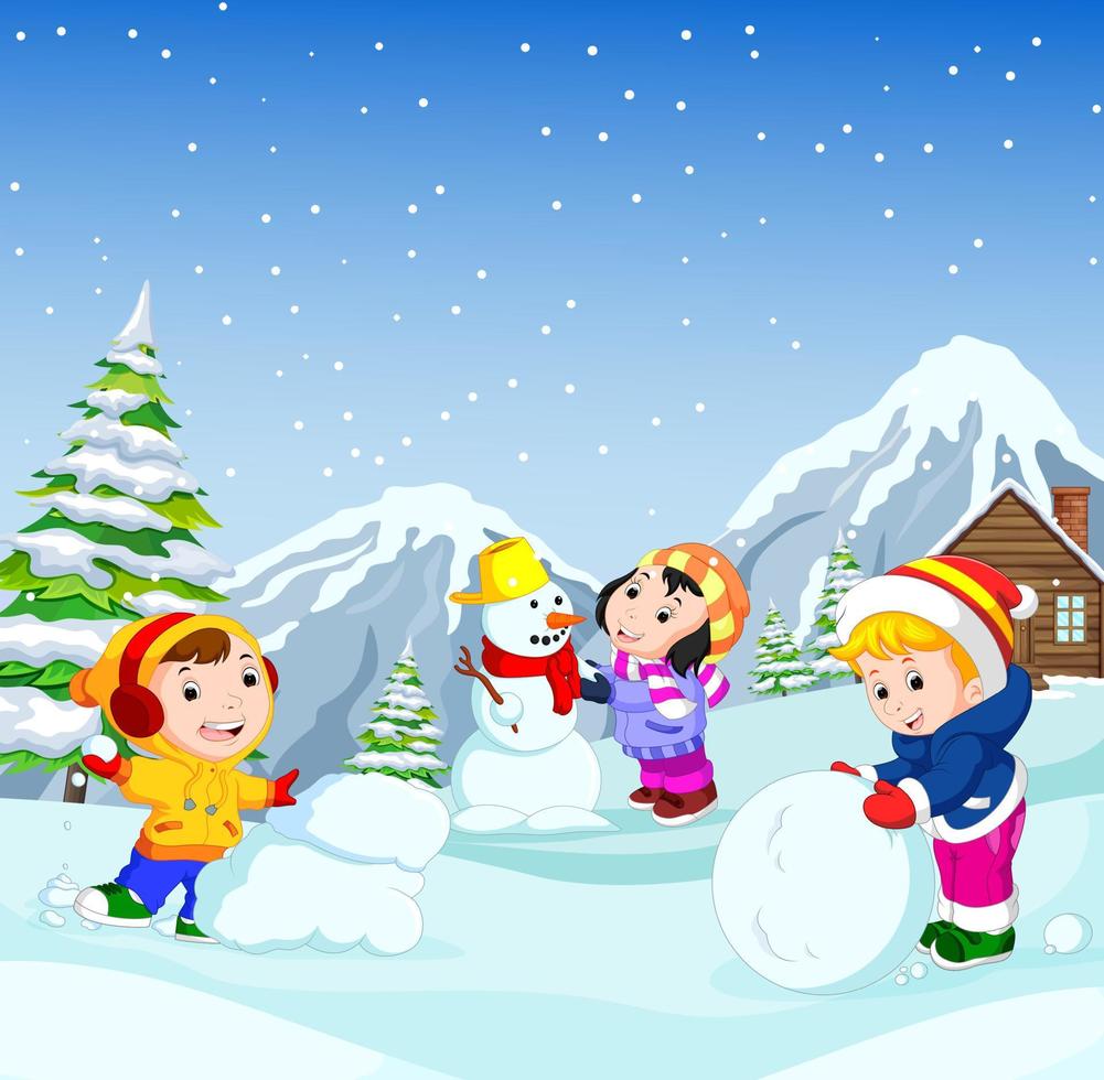 n the winter, kids play in the snow very joyfully vector