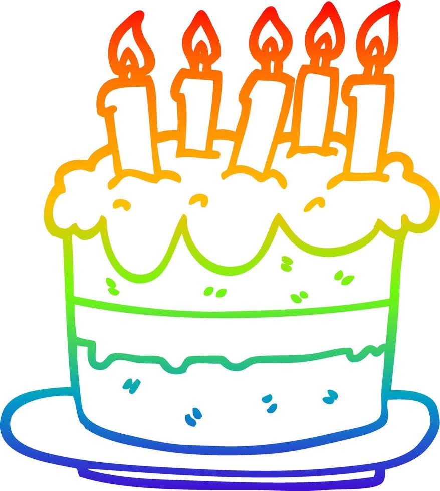 rainbow gradient line drawing cartoon birthday cake vector