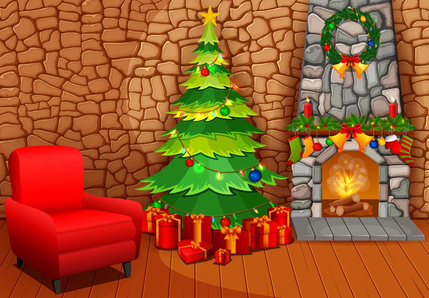 chimenea navideña con árbol de navidad, regalos y sillón vector