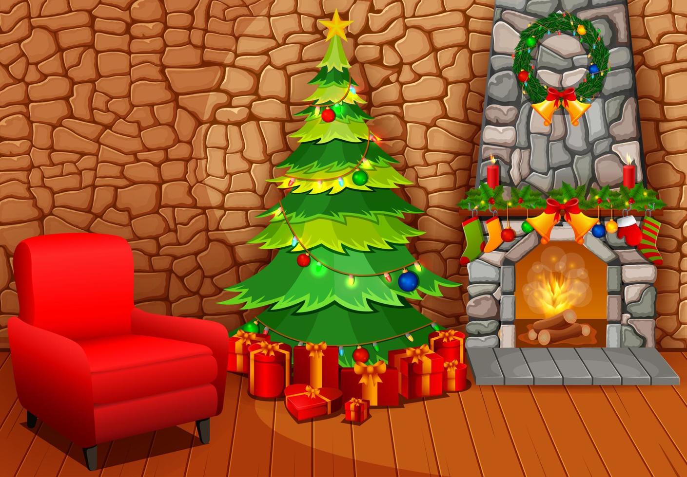 Christmas fireplace with xmas tree, presents and armchair vector