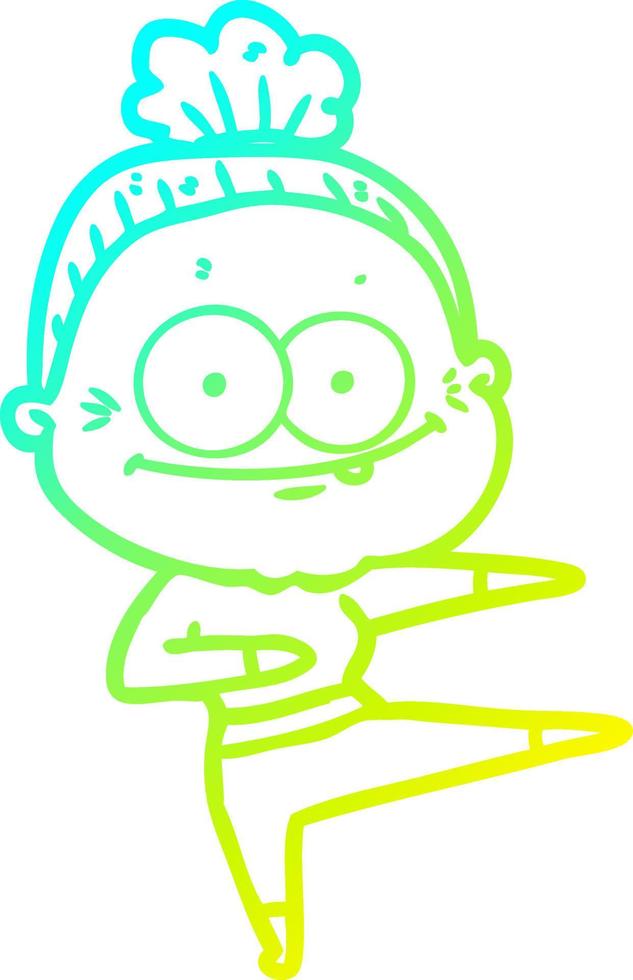 cold gradient line drawing cartoon happy old woman vector