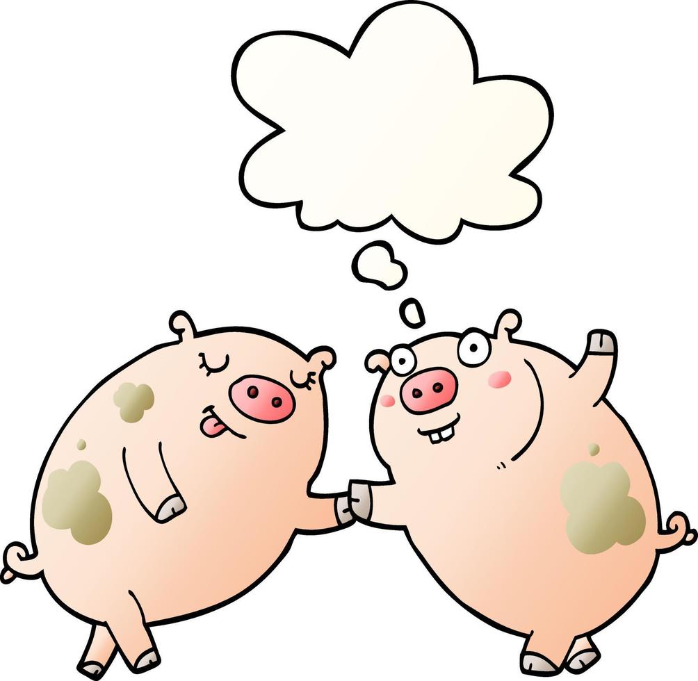 cartoon pigs dancing and thought bubble in smooth gradient style vector